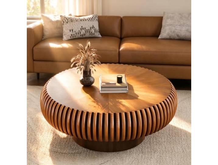 WUPDPQS Runder Couchtisch, Brown, 80cm Für Wohnzimmer, Holz Geriffelter, Trommelform, Mid-Century-Stil, Niedriger Kaffetisch, Für Kleine Räume