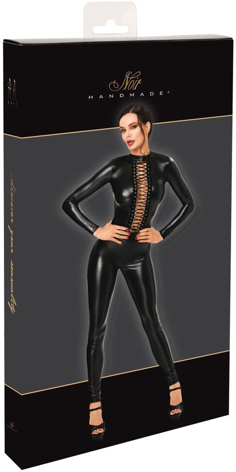 Combinaison moulante en powerwetlook noir avec laçage et zip
