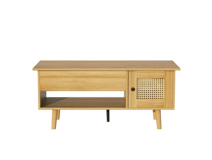 Table basse relevable effet bois 2 portes en rotin 103*50cm