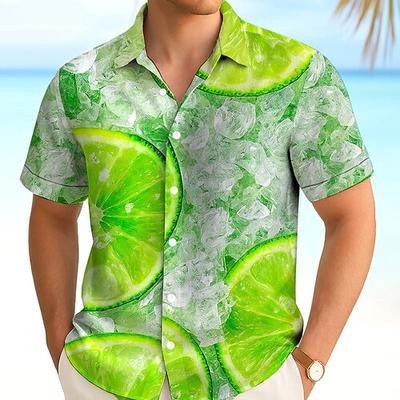 Herren Frucht Zitronengelb Sommer Hawaiihemd Knopfhemd Alohahemd Kurzarm Hawaiianisch Urlaub Strandbekleidung Sommer Frühling Umlegekragen 3D-Druck Hemden mit Kragen Grün