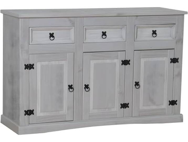 Dynamic24 Hacienda-Look – New Mexico Schrank Breite 132 cm, Höhe 84 cm mit 3 Schubladen und 3 Türen in grau. – 132x84x44 cm – 3 Schublade(n) – Massive Kiefer – Farbe Grau – Hacienda-Stil – wärmender
