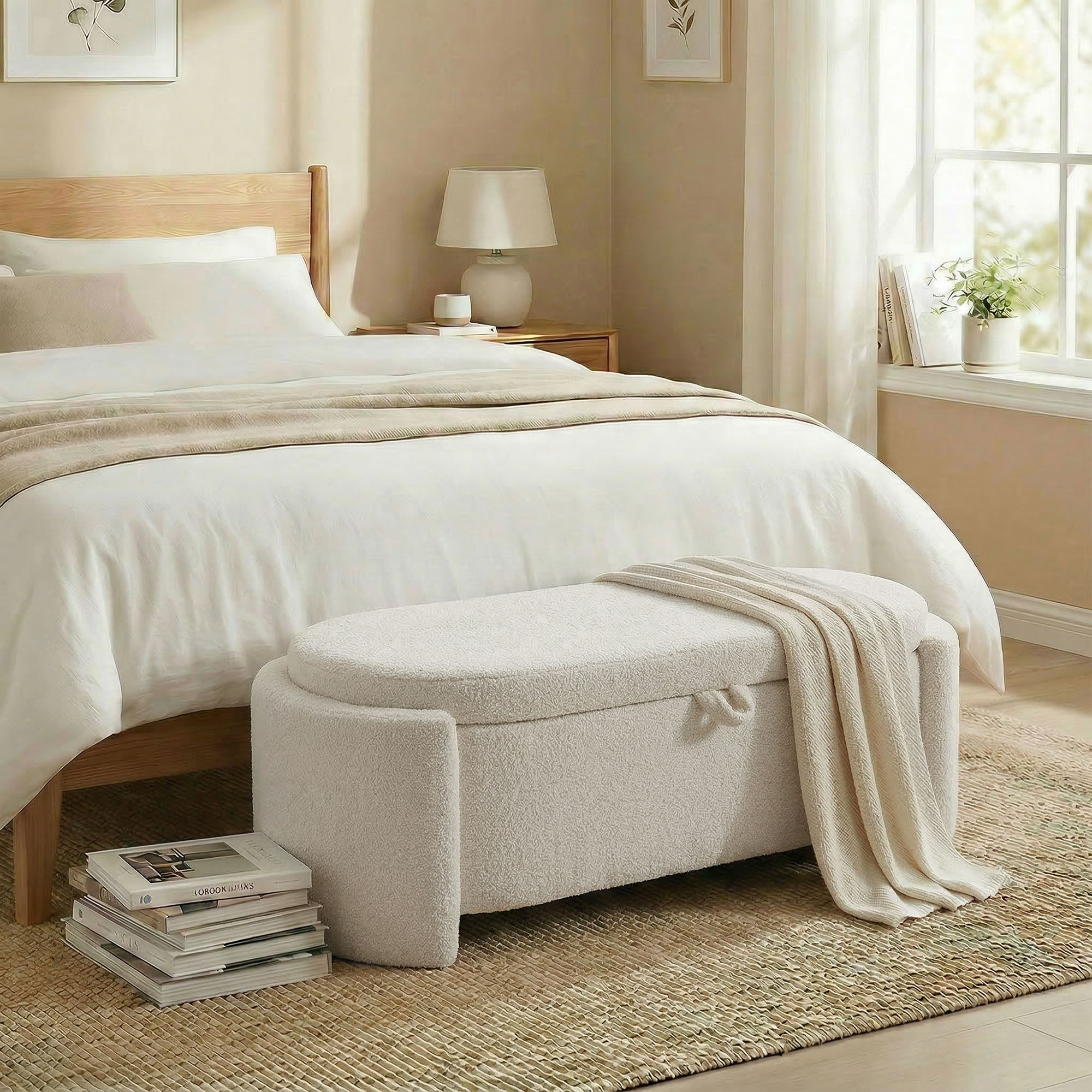 Homcom Panca contenitore ovale in tessuto teddy, 129x48,5x44 cm, Crema   Aosom Italy