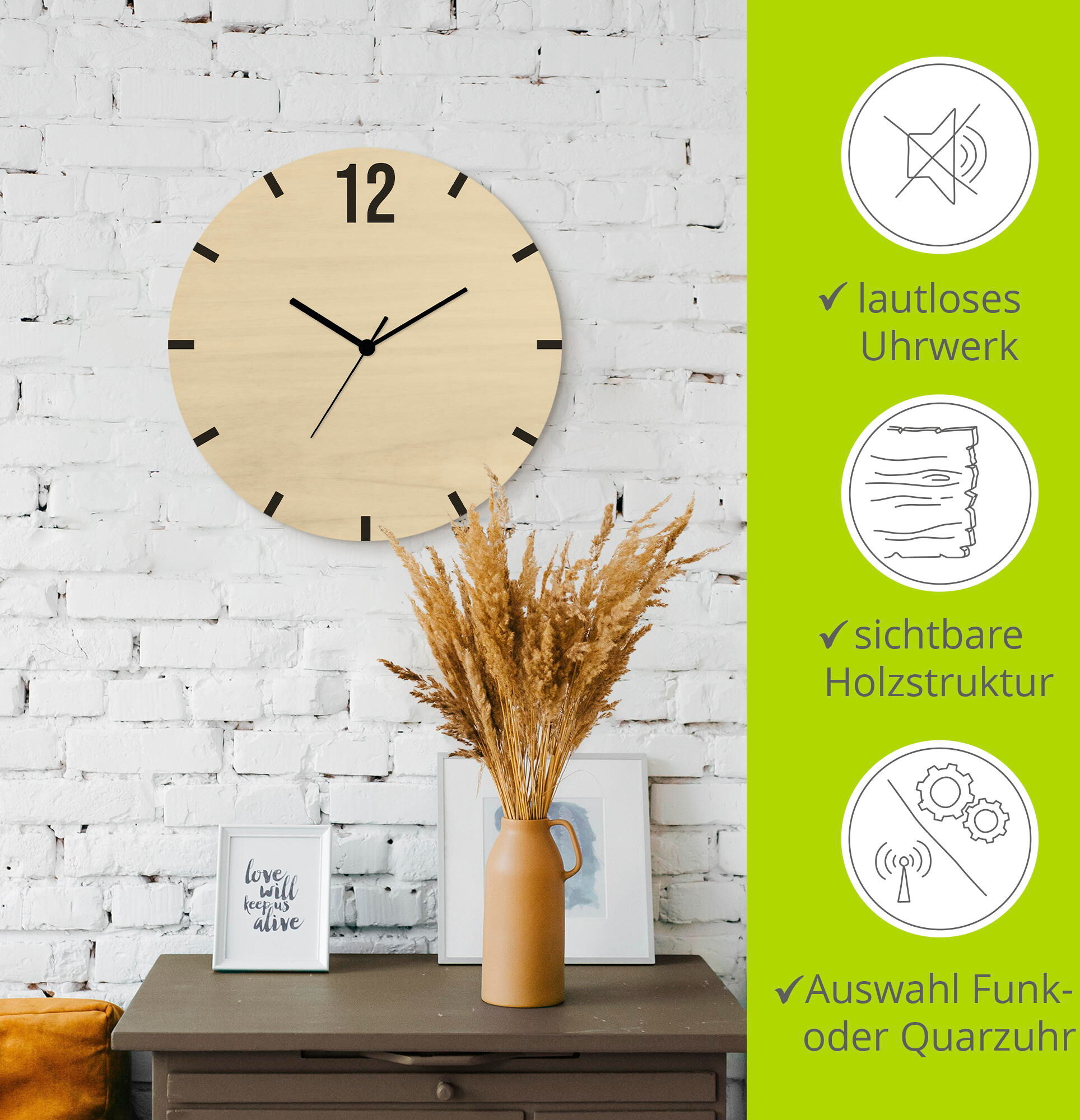 Wanduhr ARTLAND "Nummer 12", beige (naturfarben), B:30cm H:30cm T:0,6cm, Wanduhren, Wanduhr, wahlweise mit Quarz- oder Funkuhrwerk, lautlos ohne Tickgeräusche naturfarben B/H/T: 30cm x 30cm x 0,6cm, Quarzuhr
