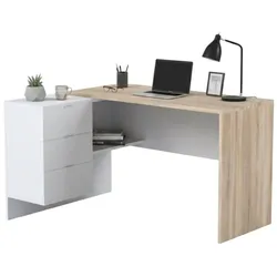 Dmora Schreibtisch Greensboro, Wendeschreibtisch mit Kommode, Eckstudie oder Büro-PC-Tisch, 145x108h73 cm, Eiche und Weiß