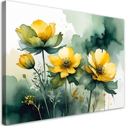 WANDBILD, Gelbe Frühlingsblumen auf einem zartgrünen Hintergrund
