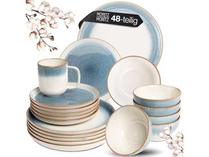 Moritz & Moritz Steingut Geschirrset 12 Personen - Tarento 48-tlg. - Teller Set aus Steingut - Geschirr Set aus 12x Dinnerteller, 12x Dessertteller, 12x Suppenteller & 12x Tassen