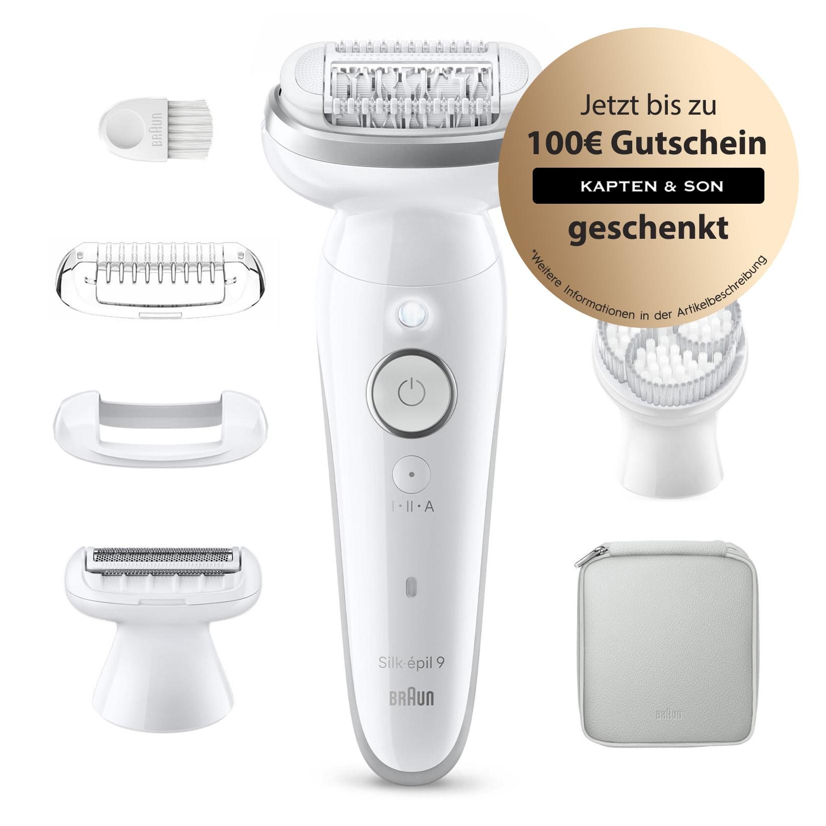 BRAUN Silk·épil 9, Wet & Dry, Langanhaltend glatte Haut, 9-061 Epilierer (Braun Epilierer mit 40 MicroGrip-Pinzetten, Wet & Dry, Massagerollenaufsatz, breiter schwenkbarer Kopf, inkl. Rasieraufsatz, Trimmeraufsatz, Peelingbürste mit Schutzkappe, Hautkontak