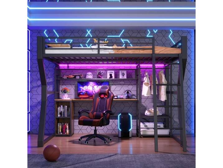 Lit Mezzanine 140x200 Métal Noir avec Bureau Penderie LED USB Lit Surélevé Adulte Ado Gain de Place Rentrée Scolaire Norevia