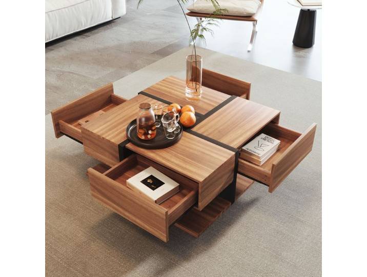 Table basse carrée avec 4 tiroirs de rangement - NECHE - Design élégant - Bois - Moderne
