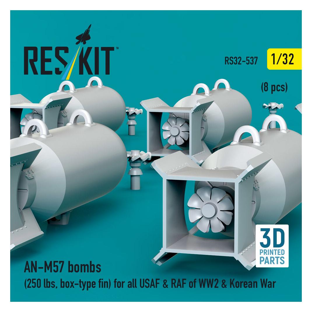 ResKit AN-M57 bombs (250 lbs, box-type fin) for all USAF & RAF of WW2 & Korean War (8 pcs) (3D Printed) (RS32-0537)