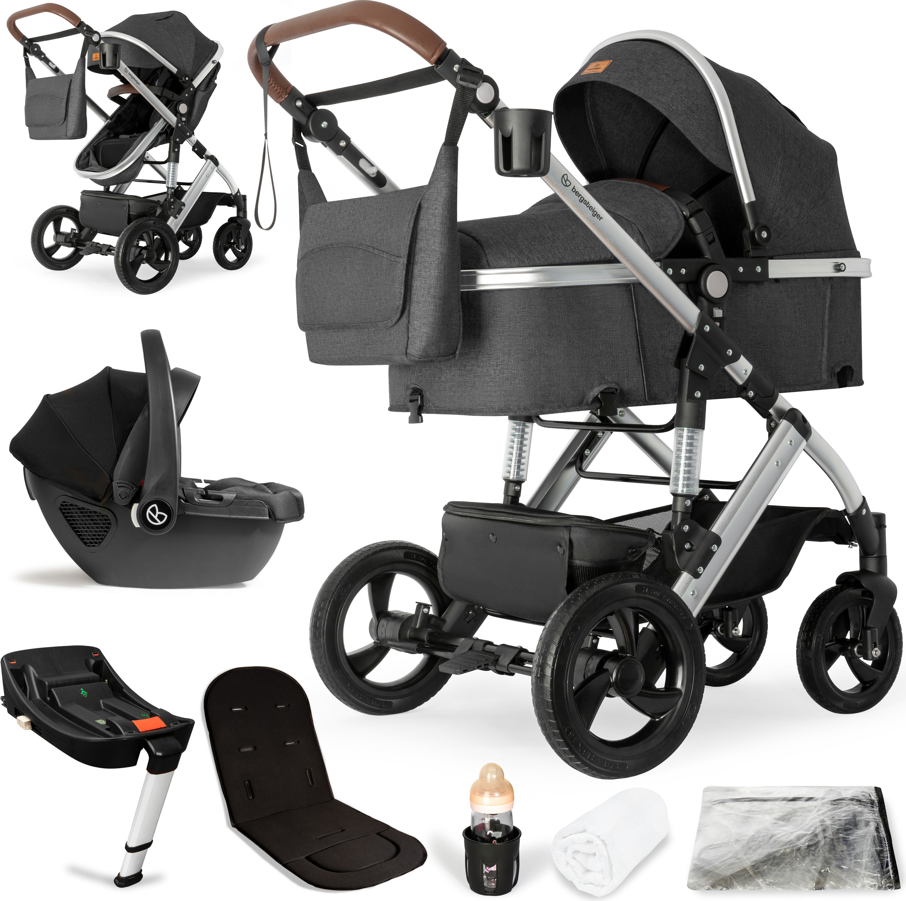 Bergsteiger Nizza 3 in 1 Kinderwagen, Kombikinderwagen Komplettset, Babywanne & Buggy Sportsitz inklusive, Auto-Babyschale & Isofix Station optional