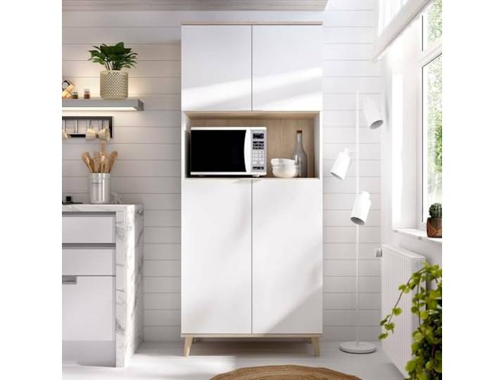 Dmora - Spino Sideboard, Wohnzimmer-Pantry-Buffet, modernes Wohnzimmer-Sideboard mit 4 Türen, 80x40h191 cm, Weiß und Eiche
