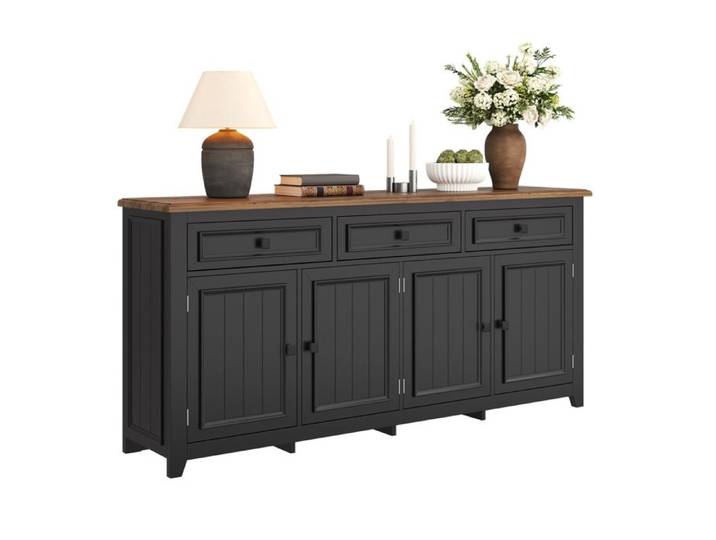 WUVRIE Buffet bas 160 cm 3 tiroirs 4 portes MDF noir aspect bois étagères réglables