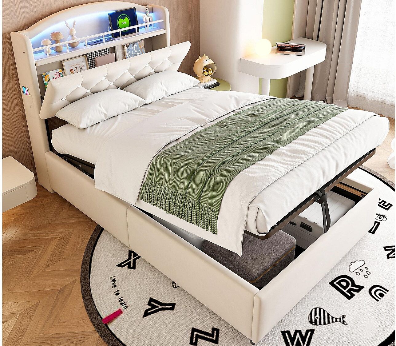 ModernLuxe Kinderbed met opbergruimte 90x200cm - Fluweel - - met LED - met USB - beige (matras niet inbegrepen)