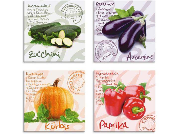 Leinwandbild ARTLAND Zucchini, Aubergine, Kürbis, Paprika , bunt (farbe bild(er): bunt), B:30cm H:30cm, Leinwand, MDF, Bilder, Leinwandbild, 4er Set, verschiedene Grössen