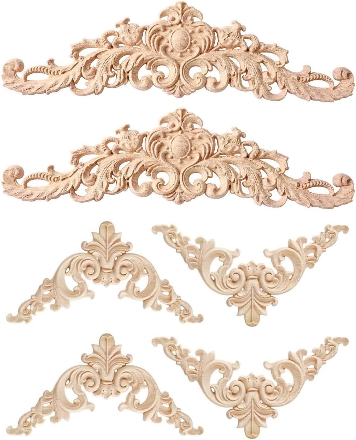 Decoratieve Houten Ornamenten - Set van 6 Gesneden Applicaties voor Meubels en Muurdecoratie