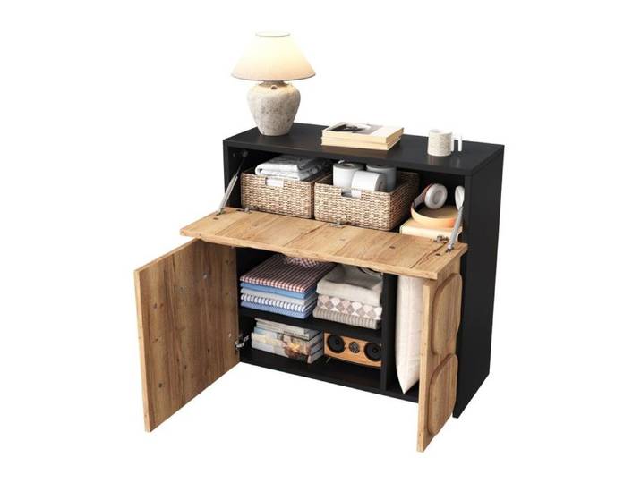 Commode Vintage Bois Naturel 79.6x34.8x81.5cm - 4 Compartiments Structure Côtés Noirs - Polyvalente Salon Salle à Manger Couloir