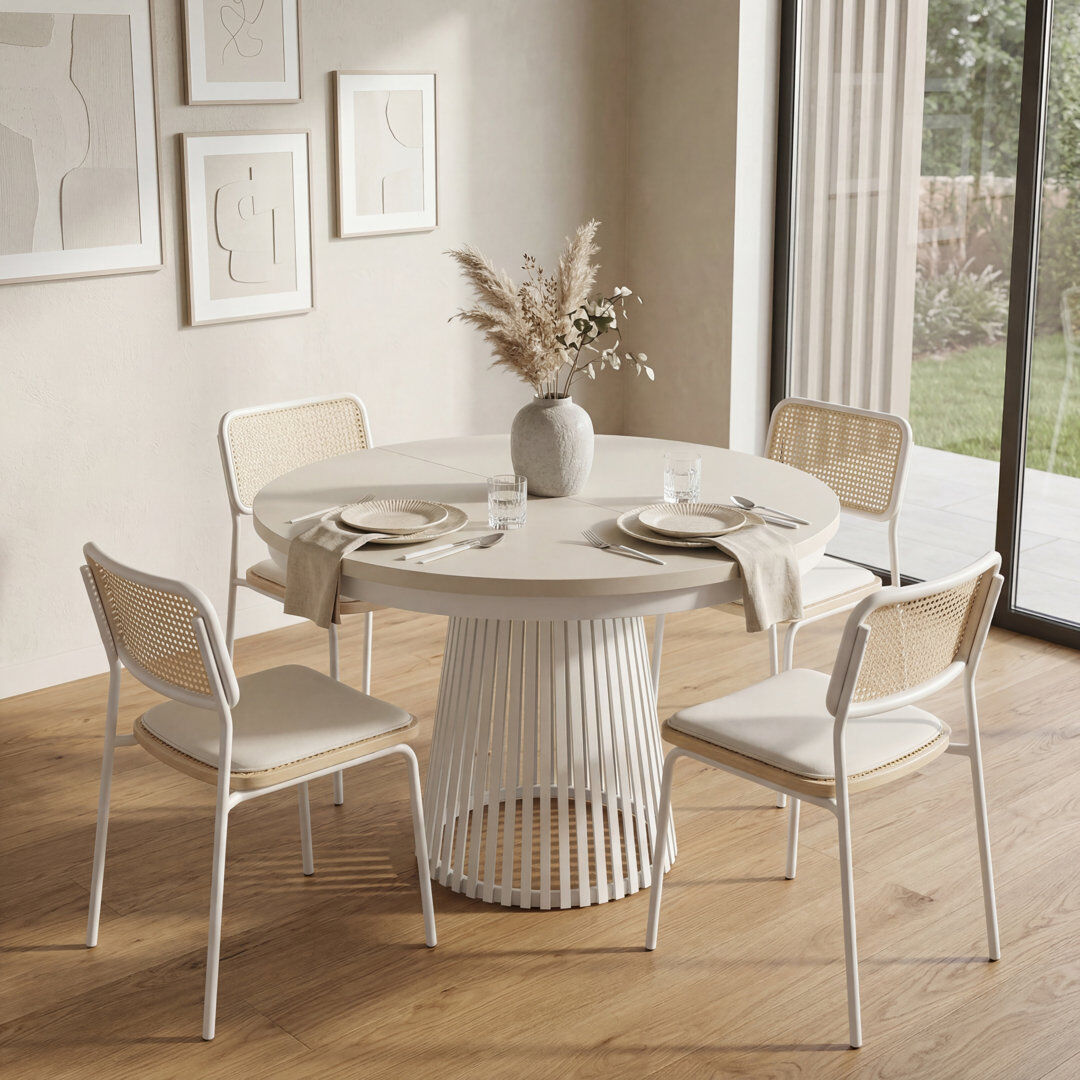 East Urban Home 180 " Extendable Round and Oval Dining Table Cashmere/Cashmere