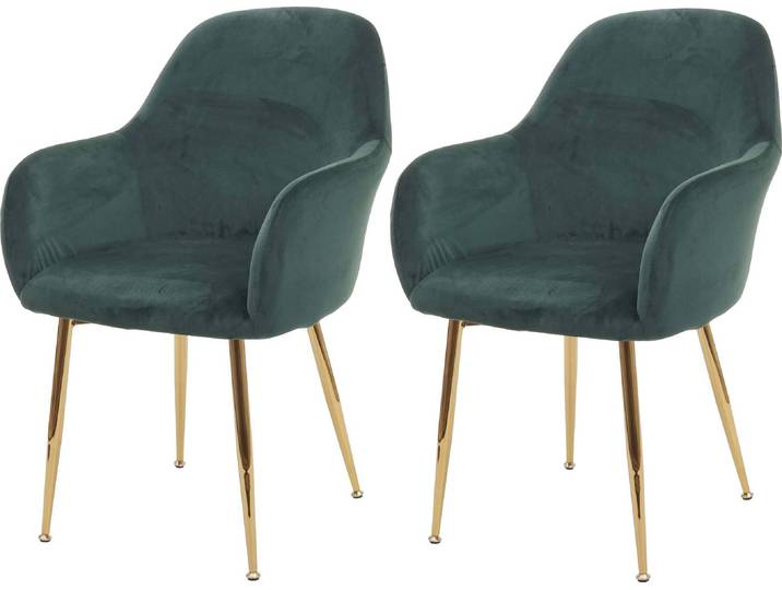 2er-Set Esszimmerstuhl HWC-F18, Stuhl Küchenstuhl, Retro Design Samt grün, goldene Beine