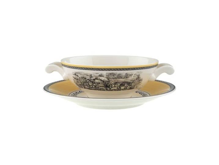Villeroy & Boch Audun Ferme Suppentasse mit Untertasse, 2-teilig für 1 Person, 220 ml, Kupferstich-Stil, Premium Porzellan, Weiß/Grau/Gelb