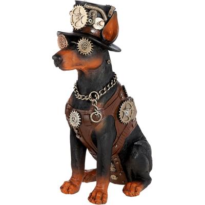 Skulptur GILDE "Figur Dobermann Steampunk Doberman", braun, schwarz, B:17cm H:40cm T:28cm, Kunstharz, Dekofiguren, Dobermann Hundeskulptur Steampunk-Stil Zahnräder Hut Fantasiefigur