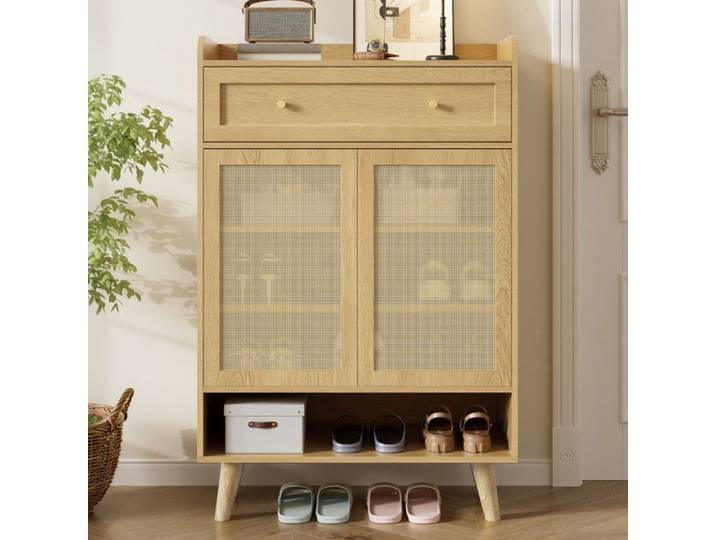 Bladez - Meuble à chaussures - Meuble d'entrée avec 2 portes et tiroirs compartiments ouverts - 80x35x105 cm - Bois
