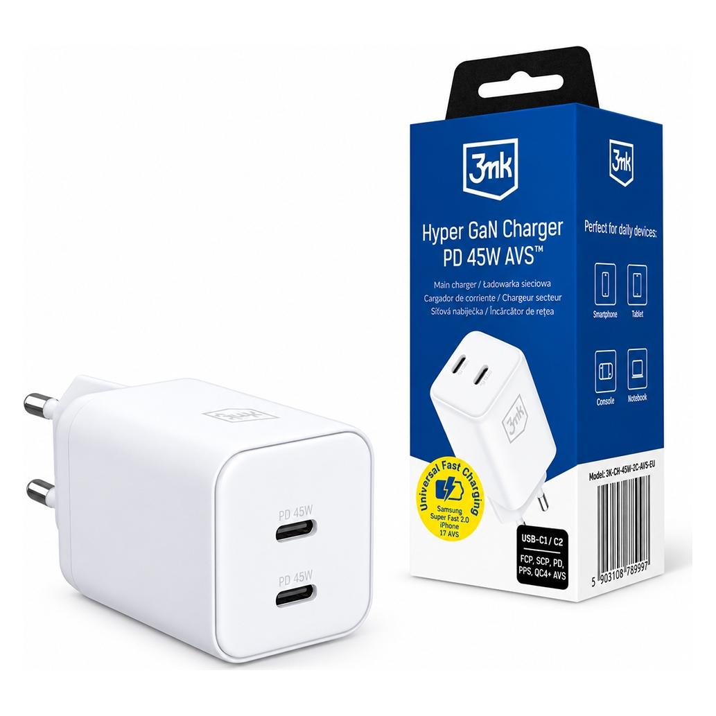 3MK Ładowarka Hyper Charger PD 45W GaN AVS QC4+ PPS AFC FCP DCP 2C White (45 W, 2 Ports) (5903108739597)