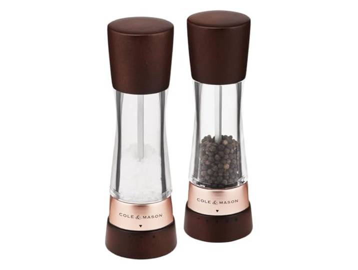Cole & Mason Derwent Salz und Pfeffermühle Holz, Precision+ Keramikmahlwerk Salzmühle & Pfeffermühle Geschenkset, Einstellbarem Keramikmahlwerk mit Mahlgrad-Auswahl, Buchenholz, Gewürzmühle, Roségold