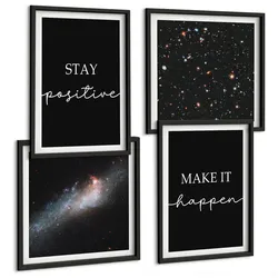 BILDER SET 4er Set - 50x50 cm & 40x60 cm Schwarzer Rahmen - Motivationsslogans Sterne Weltraum