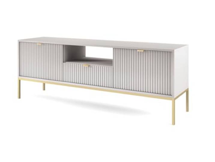 Emporius TV-Schrank 150 cm Galla - Zweitürige TV-Tisch, TV-Lowboard mit Schubladen - Gold Griffen, geriffelten Fronten - Grau + Gold