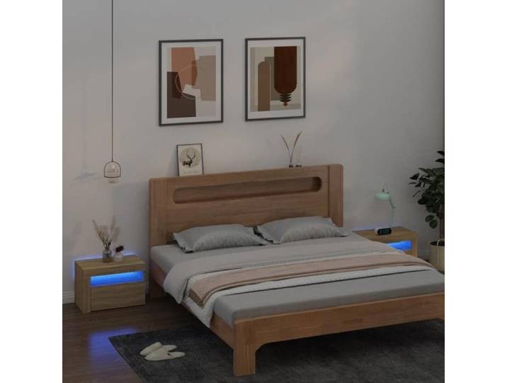 2x Tables de Chevet avec LED Tables de Nuit Armoires de Lit Armoires de Chevet avec Rangement Chambre à Coucher Chêne 3080737