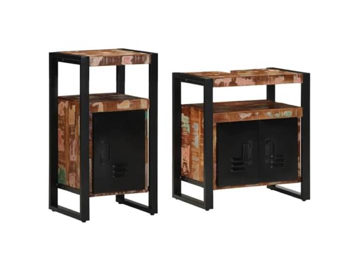 KTHLBRH Badezimmermöbel-Set 2-teilig braun mit großem Schrank Recyceltes Massivholz, Metallrahmen, 3 Einlegeböden, 3 Türen, schwarze Griffe, Montage erforderlich