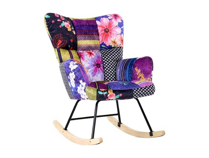 Beliani Schaukelsessel Bunt Samtstoff Retro Samt Mehrfarbig Patchwork Stoff, Mit Armlehnen, Nach aussen gebogen, Schaumstoff-Füllung, Sperrholz, Sitzhöhe 38 cm, Belastbarkeit 250 kg