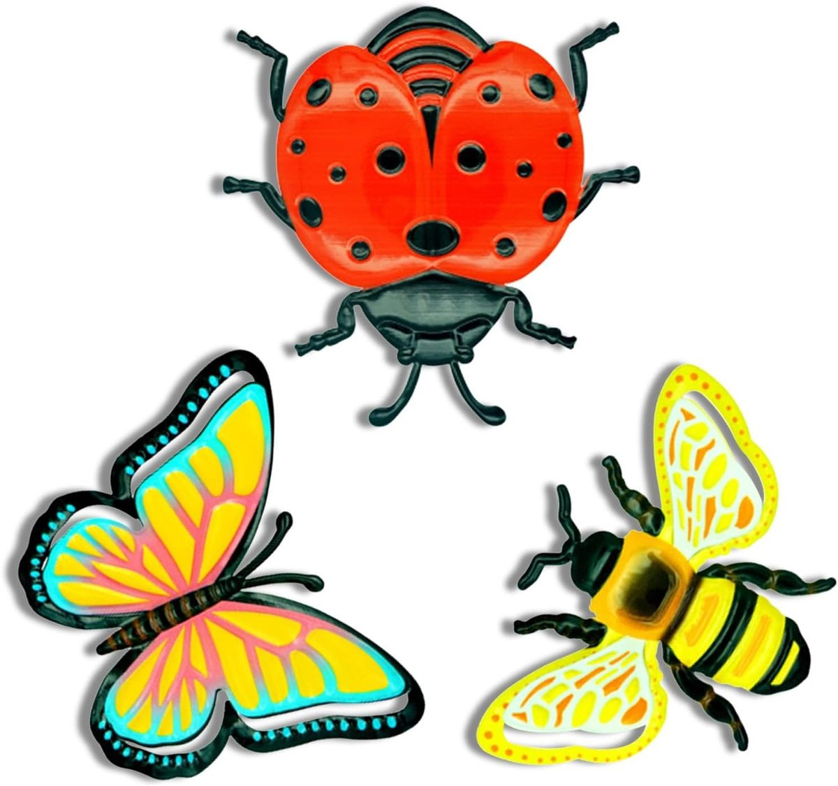 Kleurvolle 3D Insecten Wanddecoratie voor Tuin en Balkon, Metalen Vlinder, Bij en Lieveheersbeestje