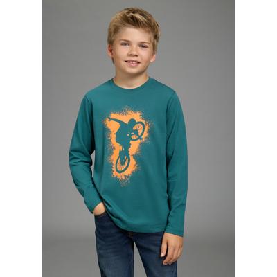 Langarmshirt KIDSWORLD "BIKER Druck", Jungen, Gr. 164/170, blau (grün), Jersey, Obermaterial: 100% Baumwolle, bedruckt, Basic hüftlang, Rundhals, Shirts Langarmshirt, lässiger Druck für Jungen