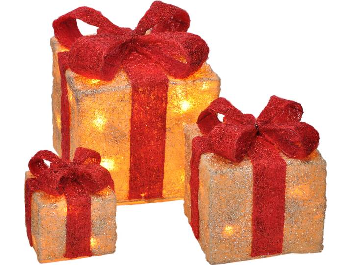 Lot de 3 boîtes cadeaux LED avec minuterie - ROUGE - Boîtes décoratives de Noël éclairées en blanc chaud fonctionnant sur piles avec minuterie