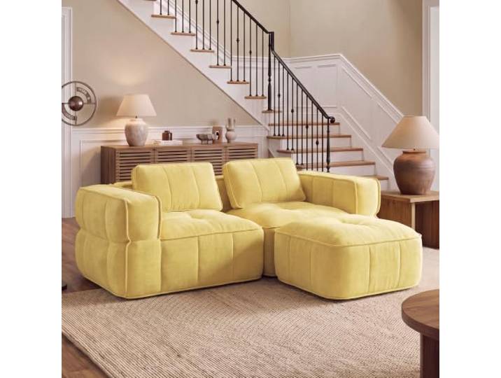 SoarTalent 2-Sitzer-Sofa, Boneless Couch, L-Form 198 cm,Yellow Samt-Optik, abriebfest & pflegeleicht. Rahmenloses Design mit 48 cm Sitztiefe. Sofa für Wohn- & Schlafzimmer