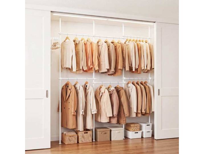 Rangement gain de place portant télescopique pour vêtements hauteur et largeur réglables montage sans perçage
