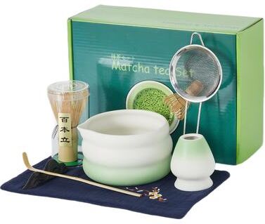 Garvee 7-Piece Matcha Tea Set with Gradient Green Ceramic Bowl and Bamboo Tools