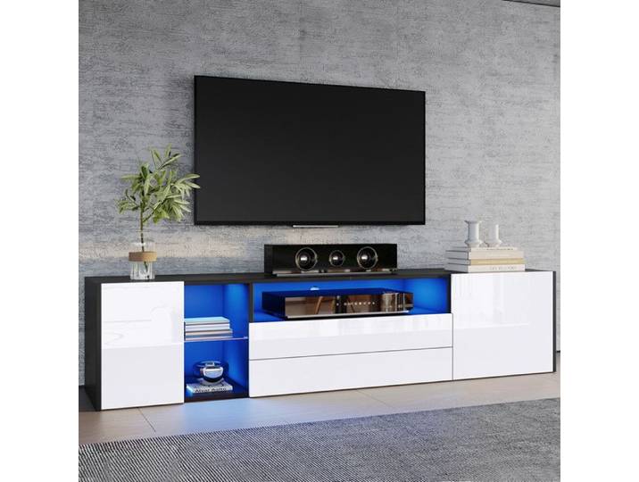 Meuble TV Brillant avec éclairage LED Meuble Télé Moderne avec 2 Tiroirs et 2 Armoires Meuble TV épissé Noir et Blanc 180x40x45cm