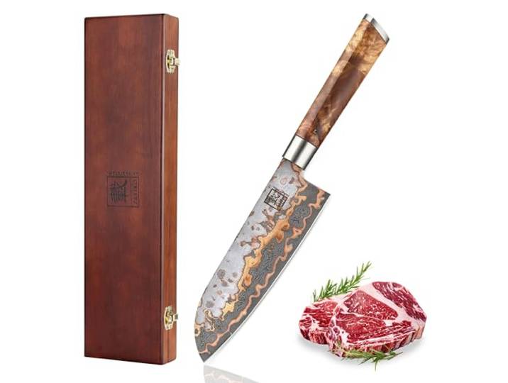 zayiko MysticMagma Santokumesser 17,5 cm, 67 Lagen Damaststahl, VG10 Kern 31,5 cm Gesamtlänge, Kupfer-Bronze-Einlage und Ahornwurzelholzgriff; beidseitiger 15° V-Schliff für Fleisch, Fisch und Gemüse