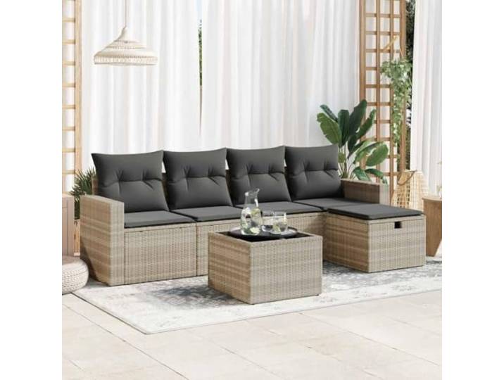 YUTAASU 6-TLG. Poly Rattan Sofagarnitur Hellgrau mit Kissen