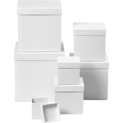 Creativ Company Deckelkartons - Sortiment, Quadratische Form, H 7,5+10+13+15+18+20+23 cm, Weiß, 7 Stk = 1 Set