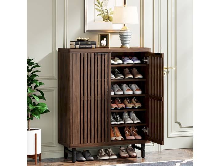 Tribesigns Armoire à chaussures à 6 niveaux avec portes à persiennes, grande armoire de rangement pour chaussures en bois avec étagères réglables