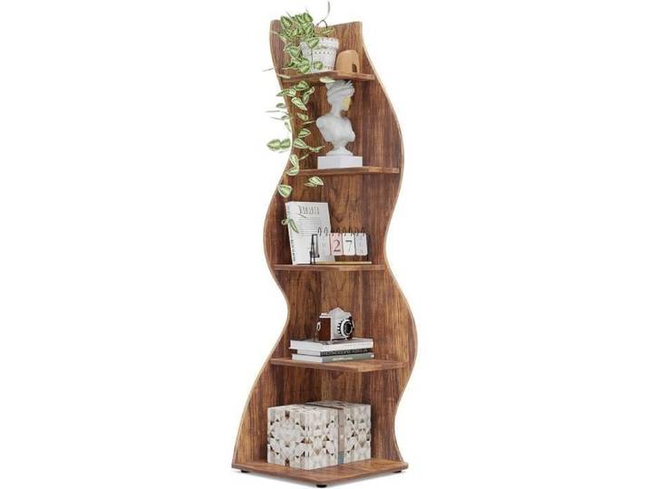 Finmind Étagère d'angle Moderne à 5 Niveaux Petite Bibliothèque d'angle élégante avec Forme Unique pour la Maison Bureau Marron