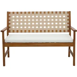Gartenbank aus Massivholz 2-Sitzer mit weißem Kissen und Riemen L114 cm SANTANA