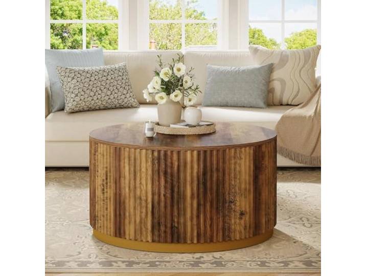 LITTLE TREE Runder Couchtisch, Gerilltes Holz mit Goldenem Metallsockel, 80 cm Durchmesser, Rustikales Braun, Massivholz, Mid-Century Modern für Wohnzimmer