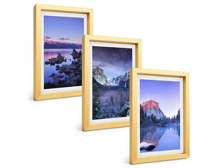 BILDER SET 3er Set - 20x30 cm Goldrahmen - Berglandschaften, Sonnenuntergang, Wasser