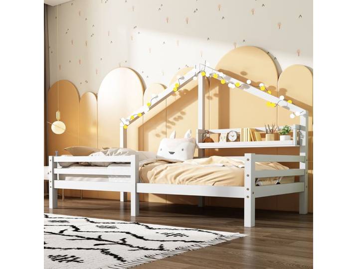 COVREO Lit cabane enfant 90x200 cm avec étagère arrière barrières pin blanc