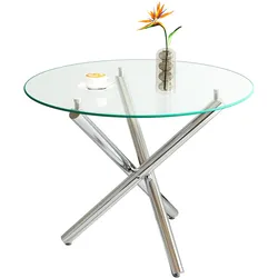 OKWISH Runder Esstisch Glas Metall Silber, transparente Tischplatte, Kreuzfuß, verstellbare Gleiter, für 2-4 Personen